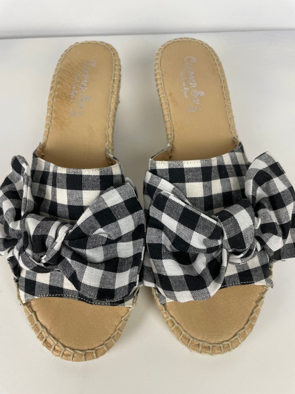 Carmen Saiz Gingham Bow Espadrille Wedge Slide Sandals Size 41 US 9.5-10